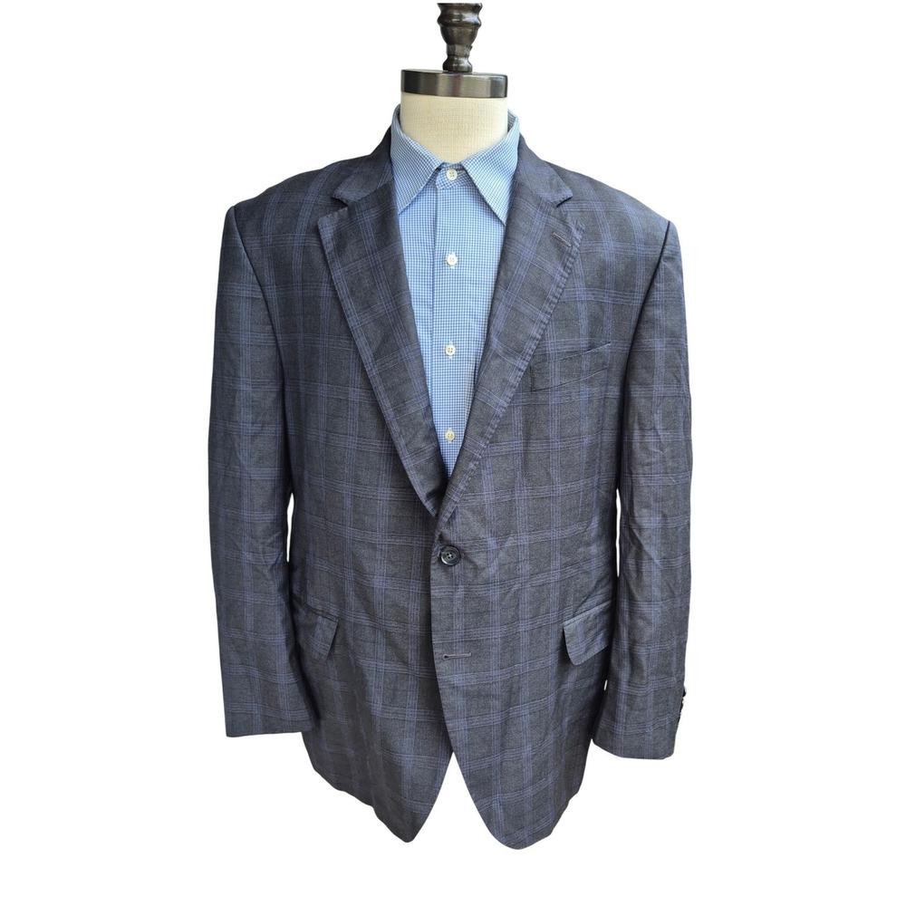 Peter Millar Mens Plaid Blazer Sport Coat Grey Blue 2 Button Canada Sz‎ 48 R